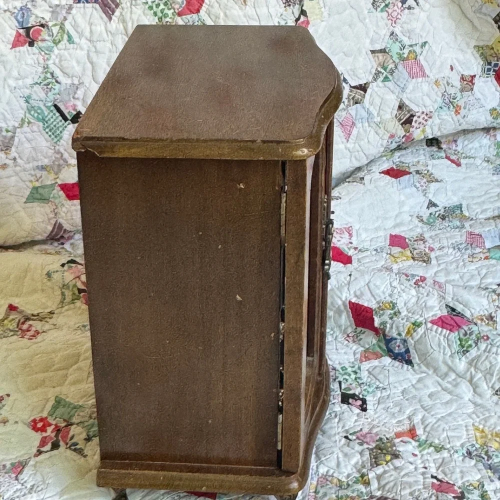Vintage Wooden Jewelry Armoire Box Etched Glass Carousel Drawers Keepsake MCM